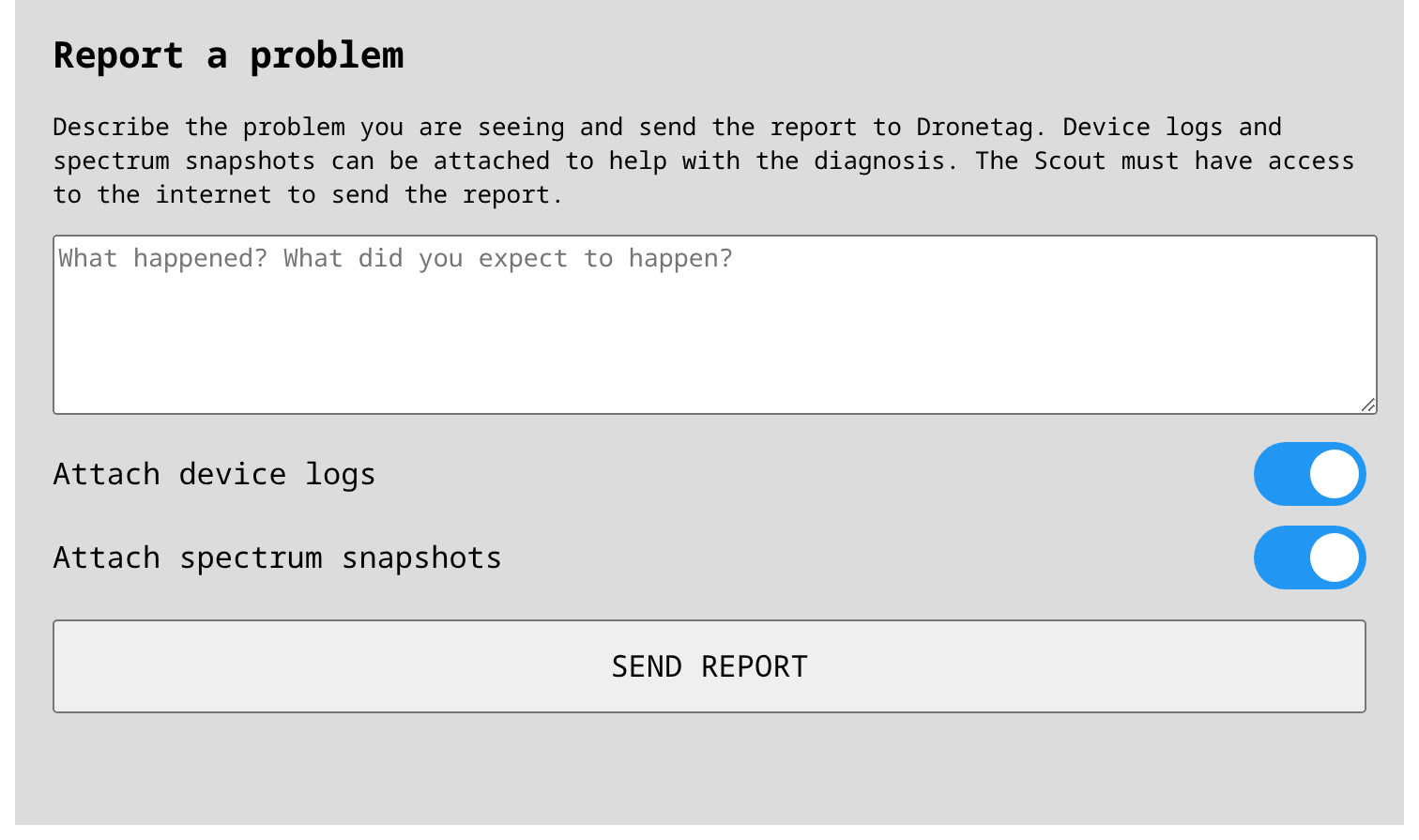 Report a problem form in Scout's UI