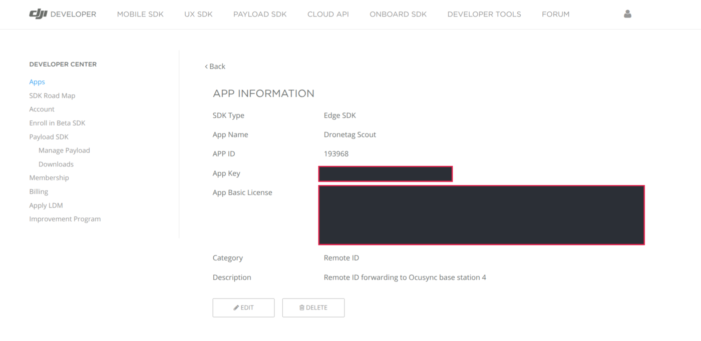 App Information page of an Edge SDK application, with the App Key and App Basic License hidden
