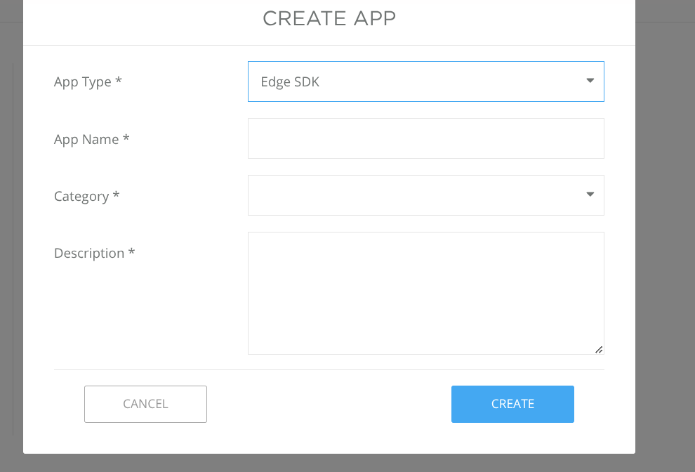 CREATE APP dialog on the DJI Developer Center with App Type set to Edge SDK