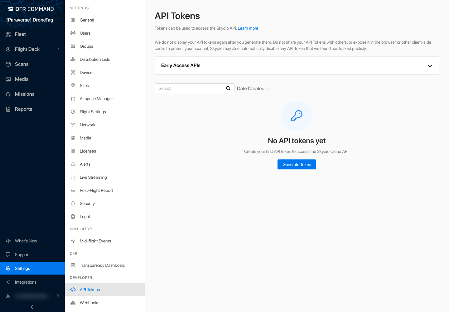 API Tokens page in Skydio Cloud settings