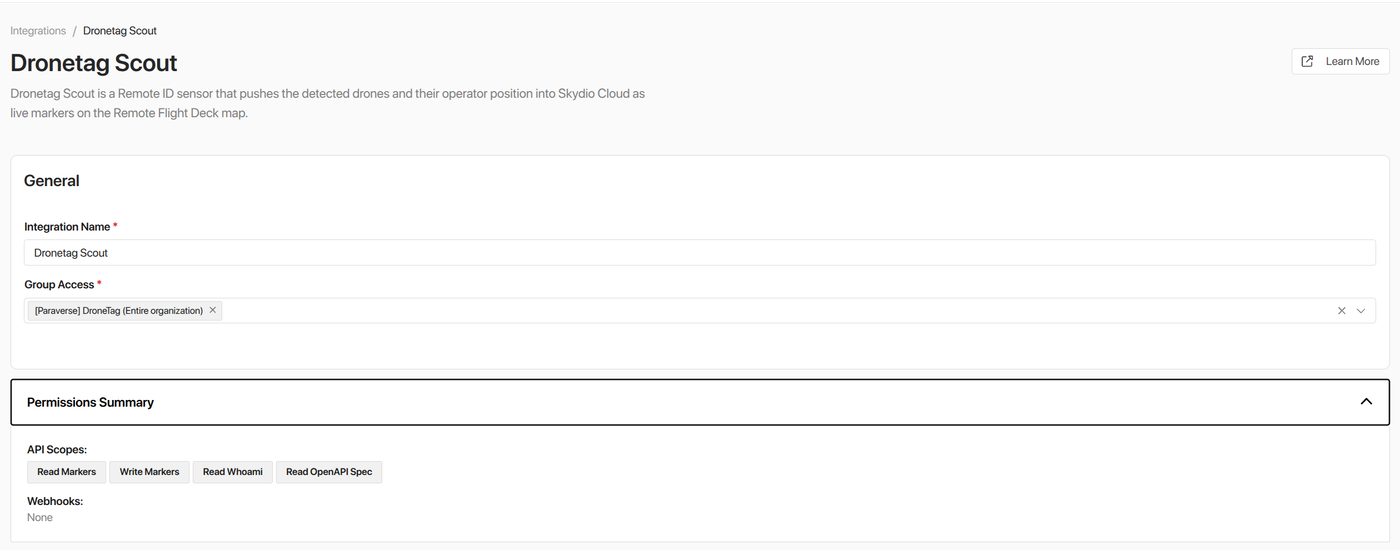 Prefilled Dronetag Scout integration panel in Skydio Cloud