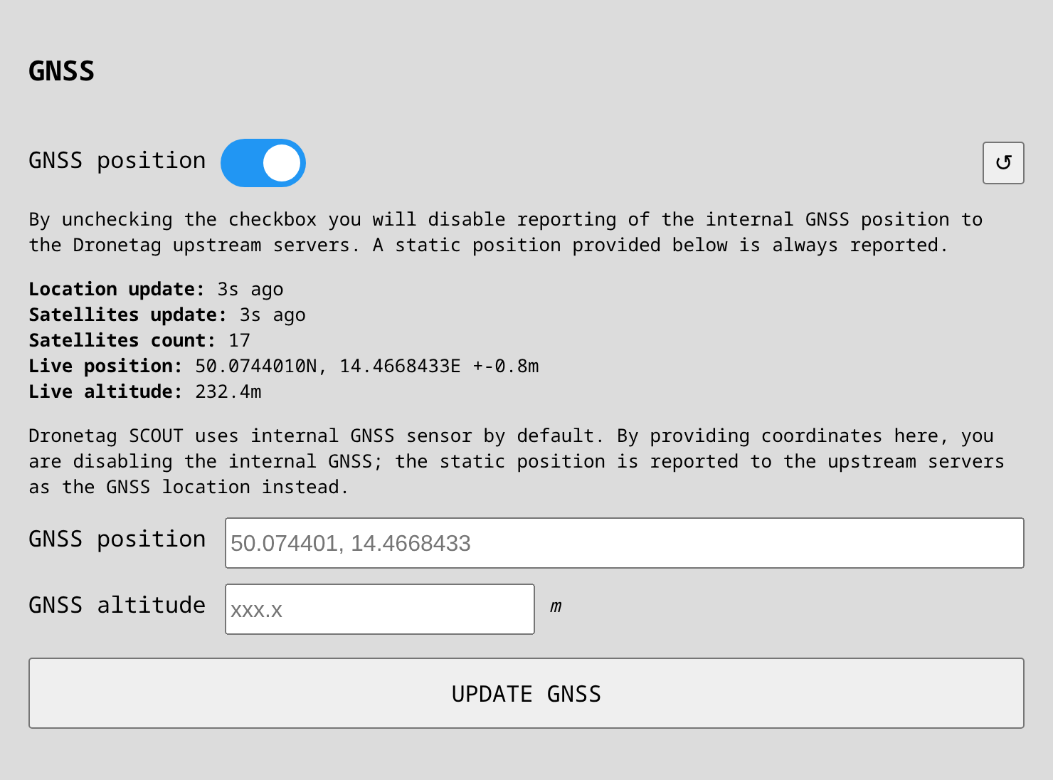 GNSS section in the System tab of the Scout management interface