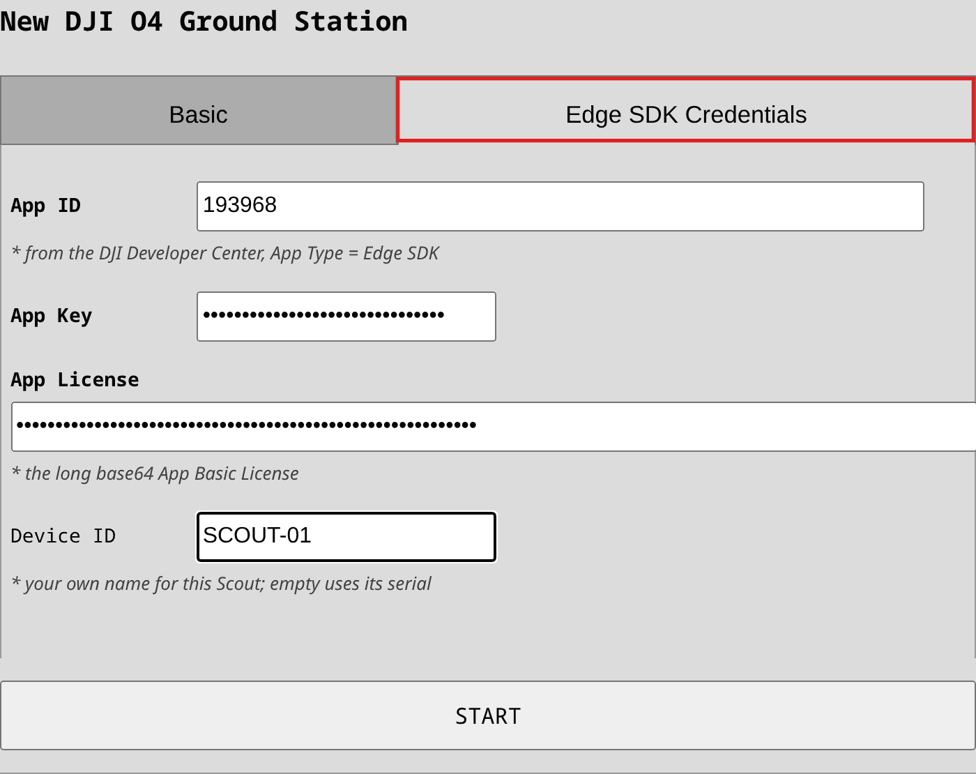 Edge SDK Credentials tab of the DJI O4 Ground Station configuration