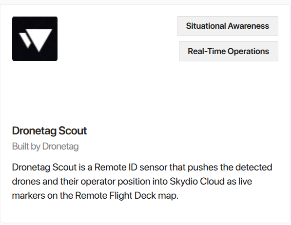 Dronetag Scout card on the Available tab of Skydio Cloud Integrations