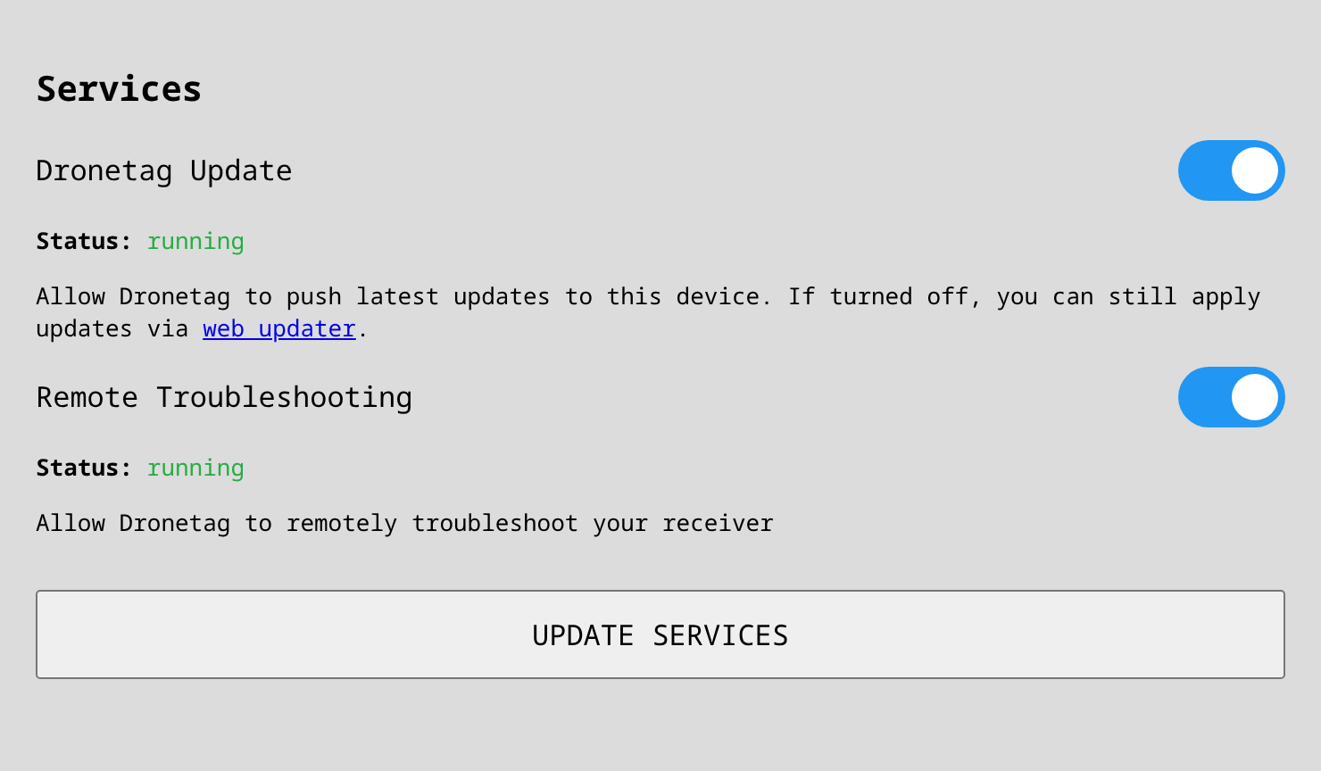 Maintenance services in the System tab of the Scout management interface