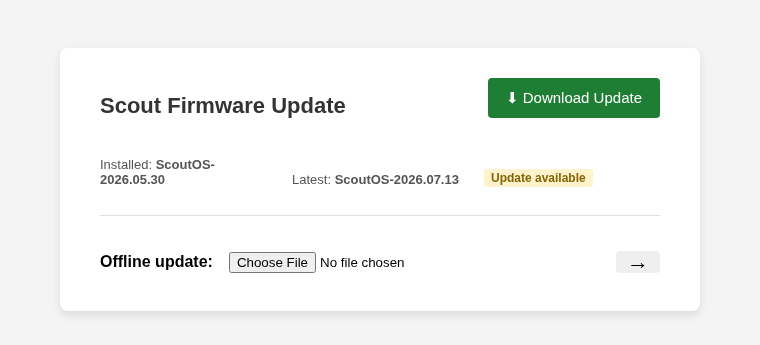 Scout Firmware Update page after checking for updates online