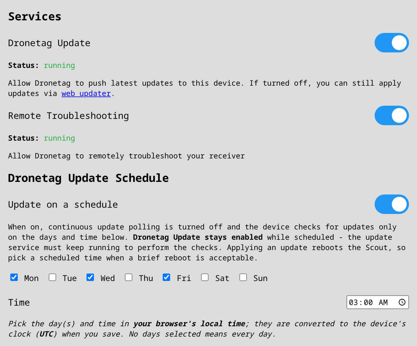 Dronetag Update service and Update Schedule options in the System tab