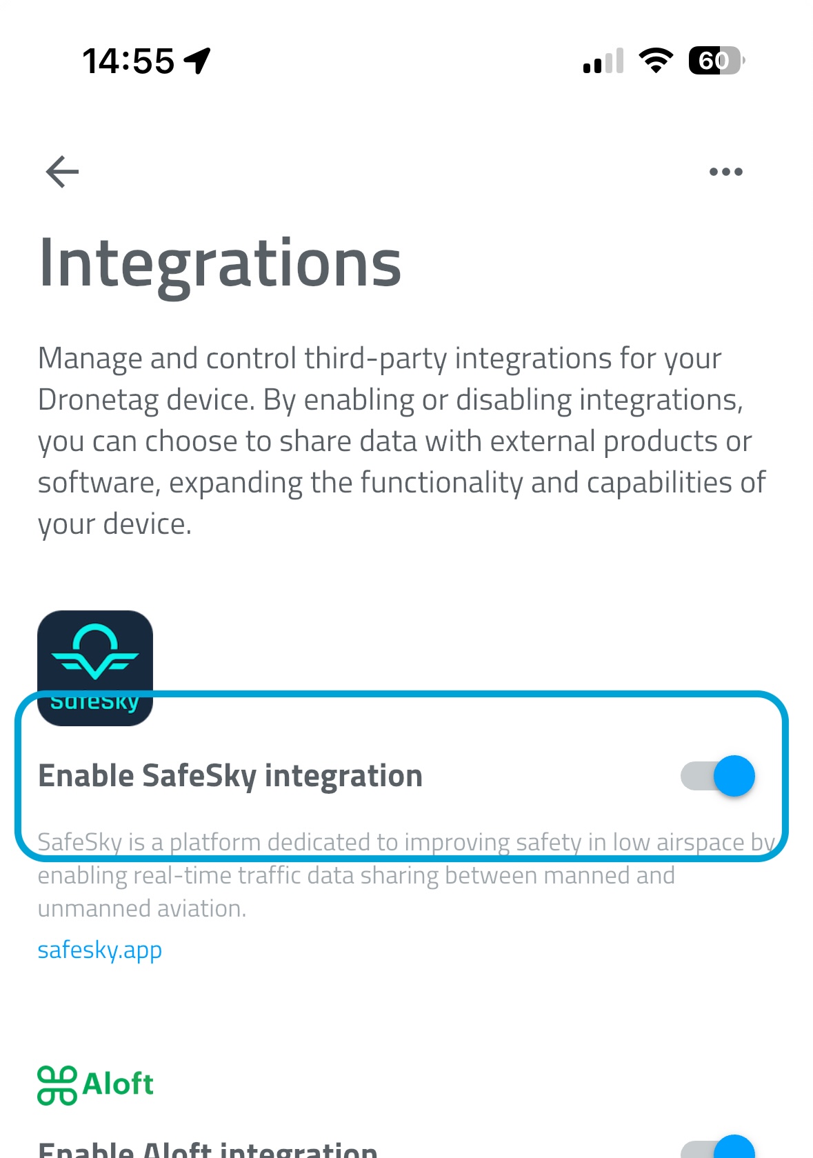 Dronetag App, Integrations screen